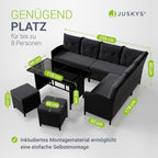 Gartenlounge Set Polyrattan Ecksofa Esstisch 2 Hocker Kissen 5-teilig wetterfest 7 Personen Schwarz Grau