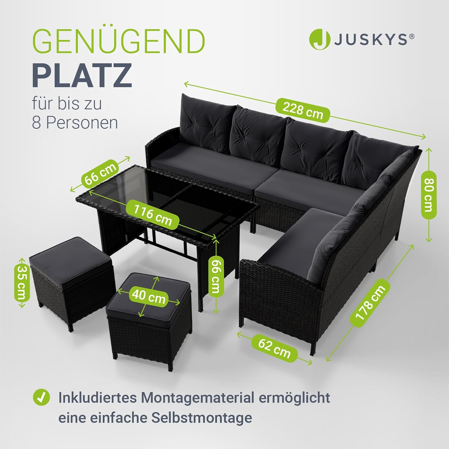 Gartenlounge Set Polyrattan Ecksofa Esstisch 2 Hocker Kissen 5-teilig wetterfest 7 Personen Schwarz Grau