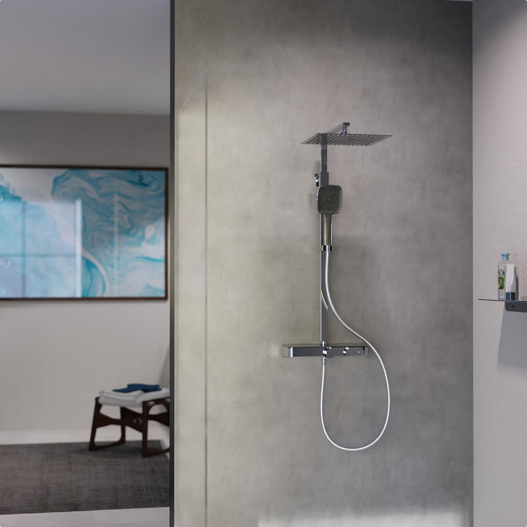 Duschsystem Thermostat OCEAN 60531 Regendusche 30x30cm Glasablage Duschsäule Chrom Anthrazit Wandmontage 80-120cm Stange