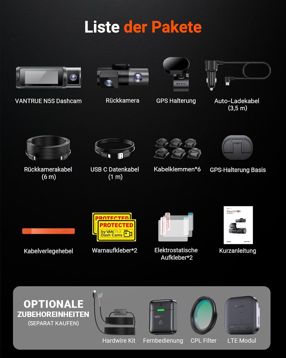 Dashcam N5S 4 Kanal 2.7K Front Innen Hinten 1440P 1080P HDR WDR 360 Grad WiFi GPS Parkmodus 1TB Support