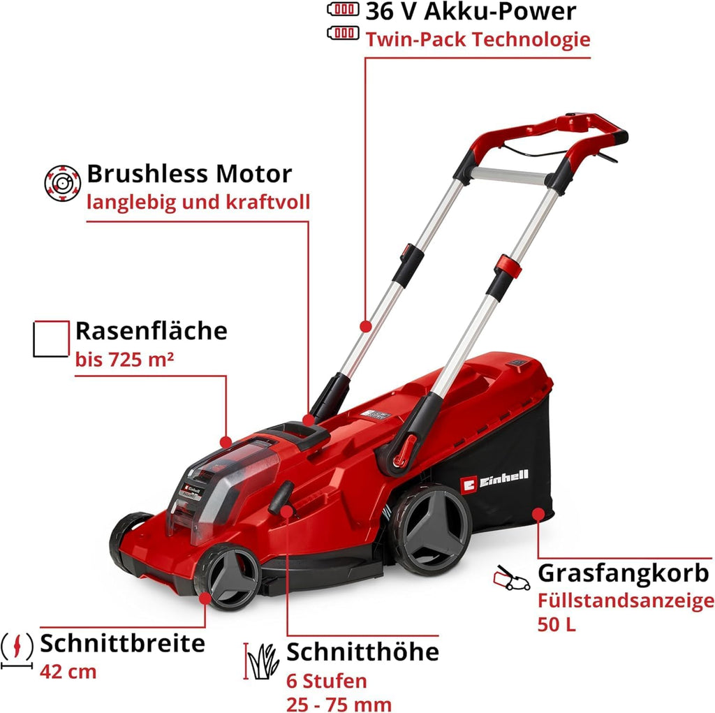 Akku-Rasenmäher RASARRO 36/42 Kit 36V 42 cm Schnittbreite für bis zu 725 m² Brushless Motor mit 2x 5,2 Ah Akku und Twincharger