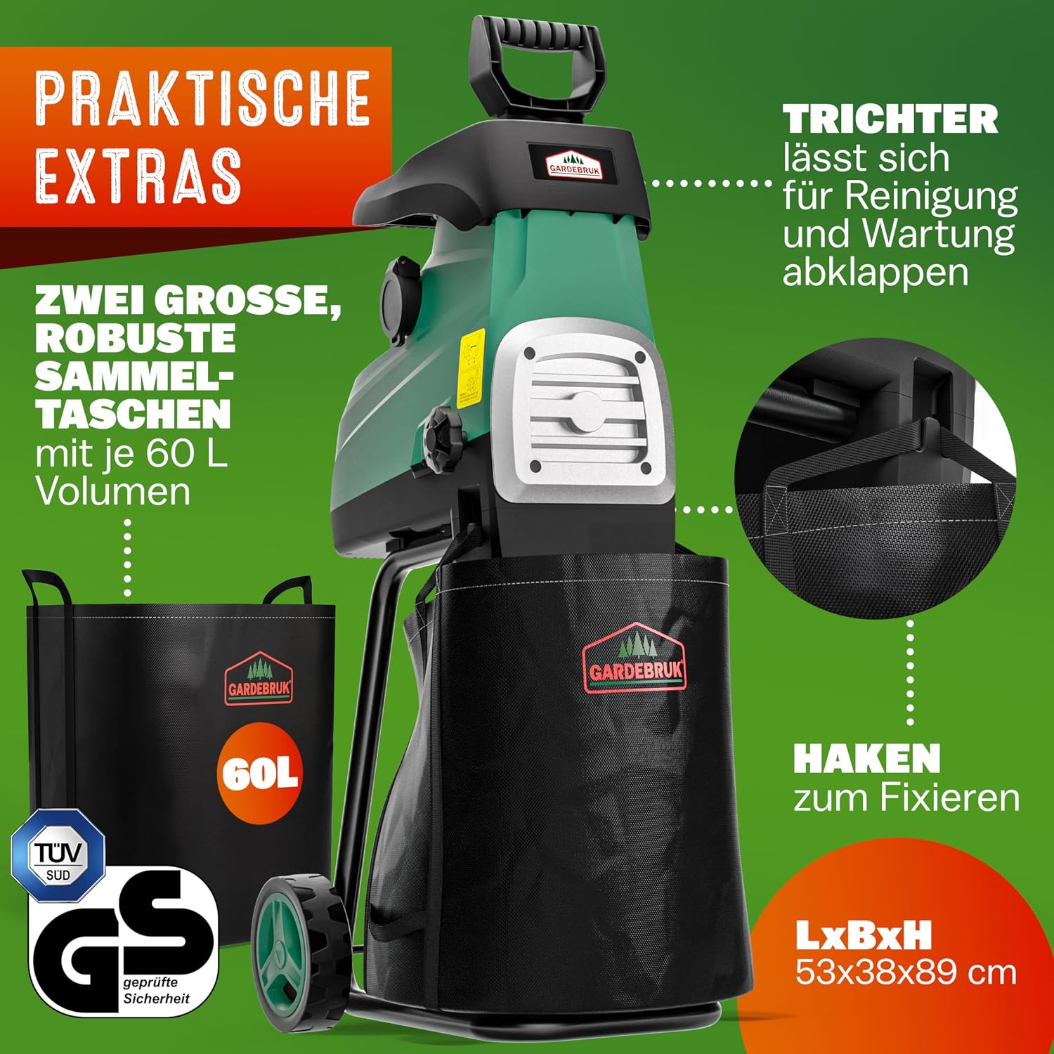 Elektrischer Walzenhäcksler DBHC002 3100 W bis 44 mm Aststärke mit 2 x 60 L Auffangbeuteln