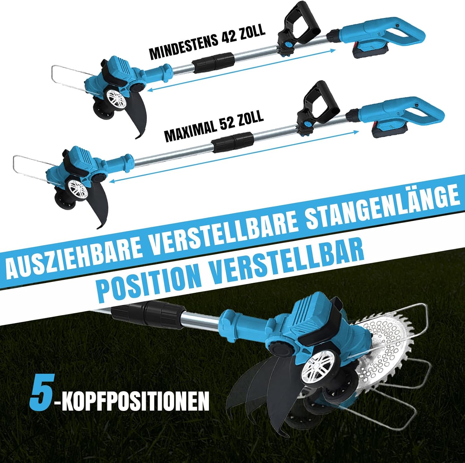 Akku Rasentrimmer Freischneider 4 in 1 21V mit 2 Akkus 12000 U/min 8 Zoll Schnittbreite verstellbarer Griff Winkel