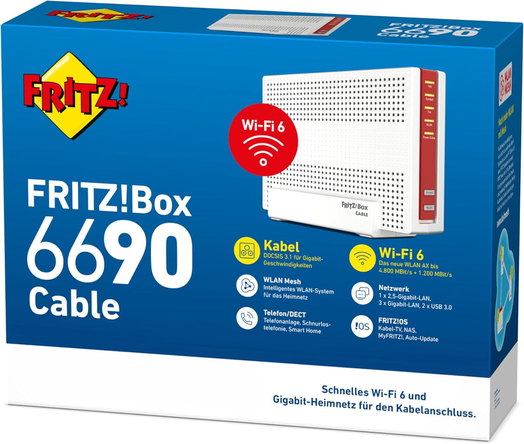 Kabelrouter 6690 DOCSIS 3.1 Wi-Fi 6 Dualband bis 6000 MBit/s 2.5-Gigabit-LAN USB 3.0 DECT Mesh