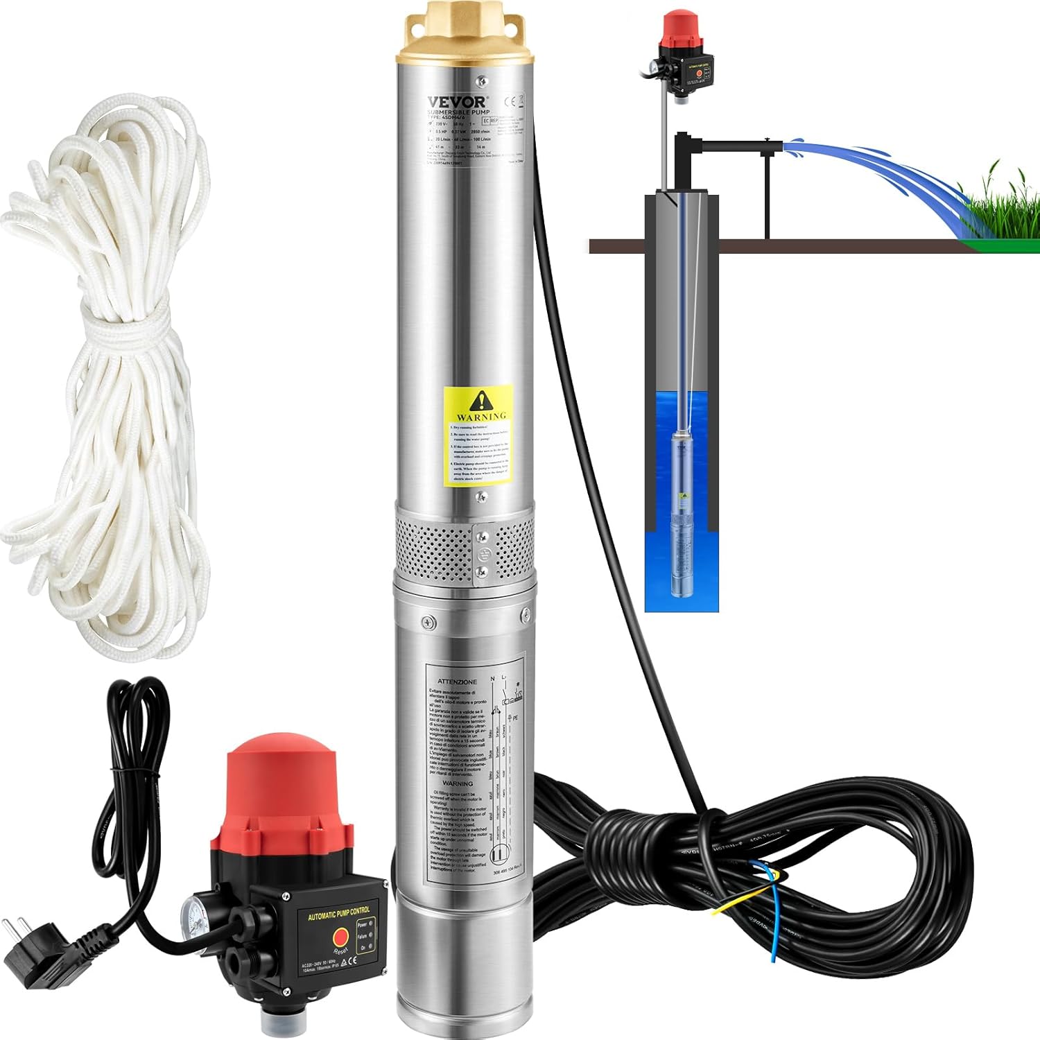 Tiefbrunnenpumpe Edelstahl 750 W 230 V 105 L/min 62 m Förderhöhe 3,5 Zoll