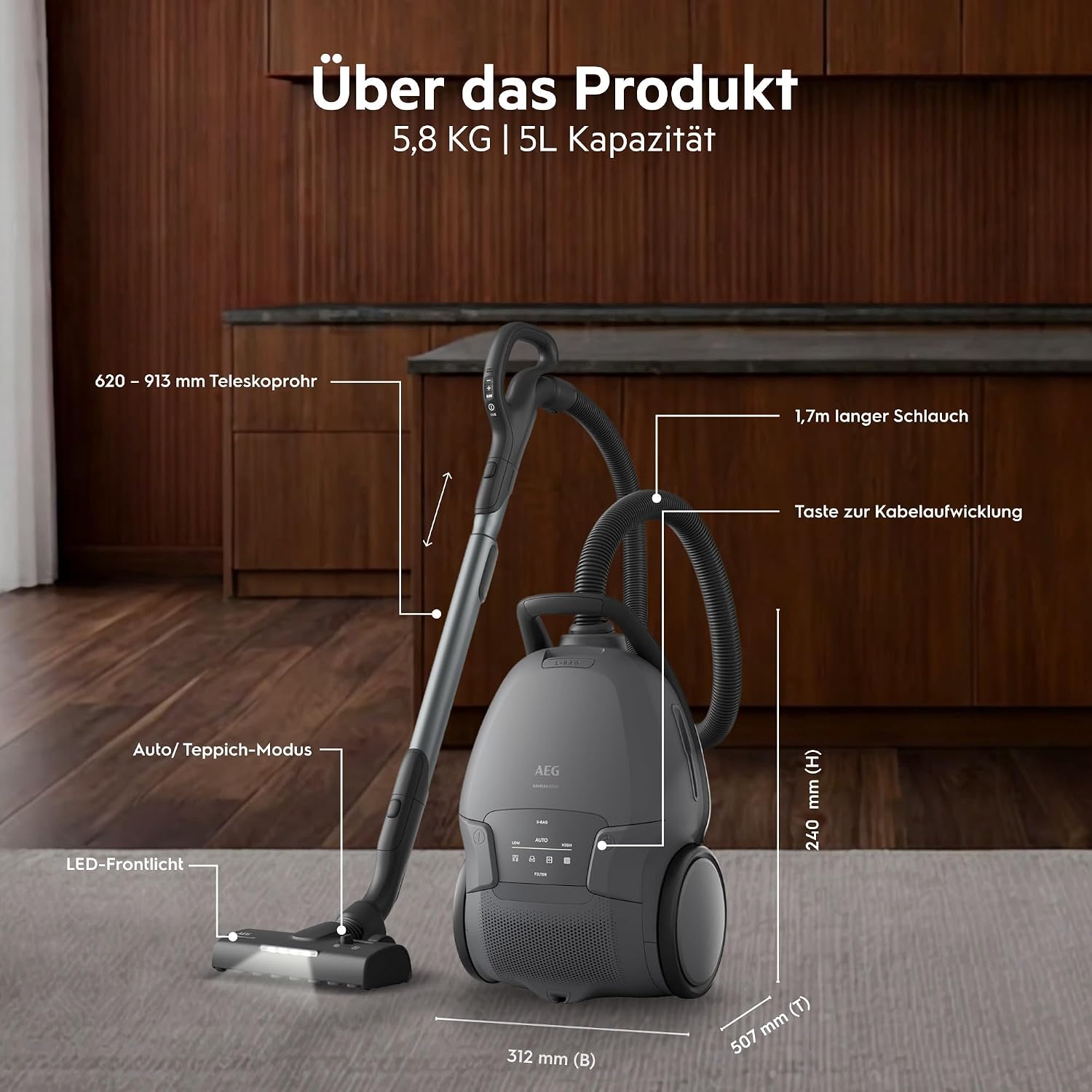 Staubsauger mit Beutel Animal 8000 AB81A2DG 5L HEPA-Filter Auto-Modus 12m Aktionsradius Tierhaardüse LED-Bodendüse