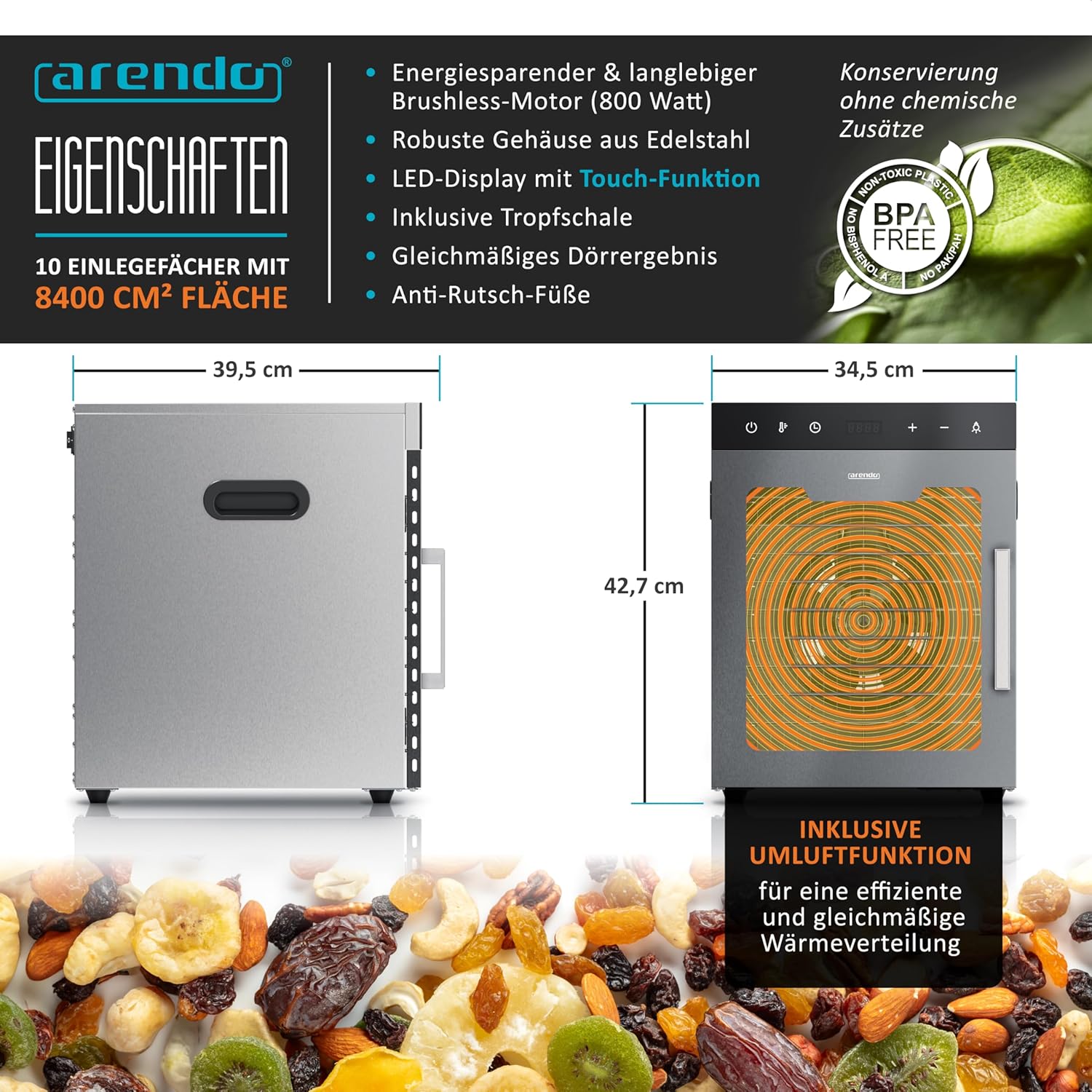 Dörrautomat Edelstahl 10 Etagen 800 W 30–90°C mit Timer Umluftfunktion 8400 cm² Dörrfläche