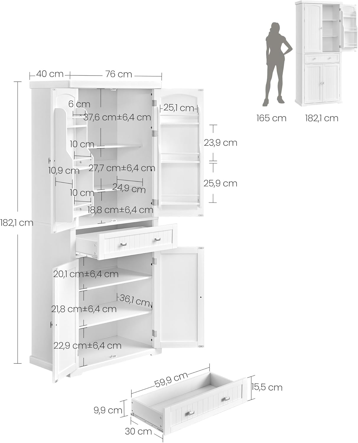 Küchenschrank Hochschrank mit verstellbaren Ablagen und Schublade Vitrinenschrank BBC561W21 40 x 76 x 182,1 cm Weiß