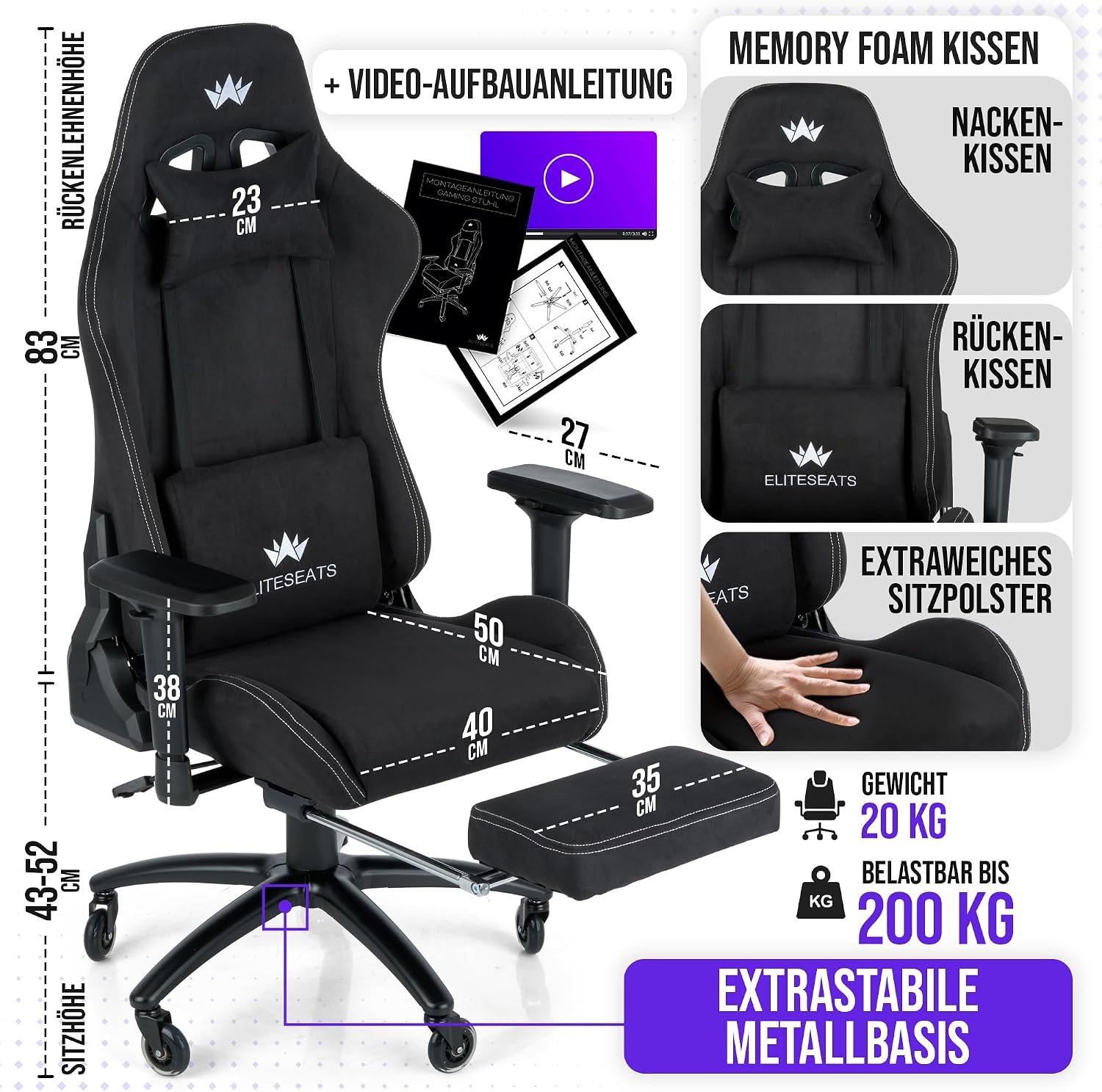 Gamingstuhl aus Stoff mit Fußstütze 4D Armlehnen Memory Foam Kissen und 150 kg Belastbarkeit