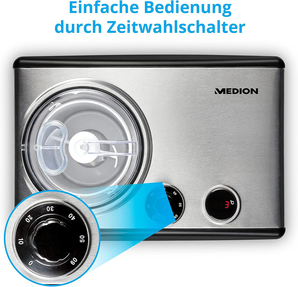 Eismaschine mit Kompressor 1,5 L MD 18387 selbstkühlend 150 W für Eiscreme Frozen Yoghurt Sorbet