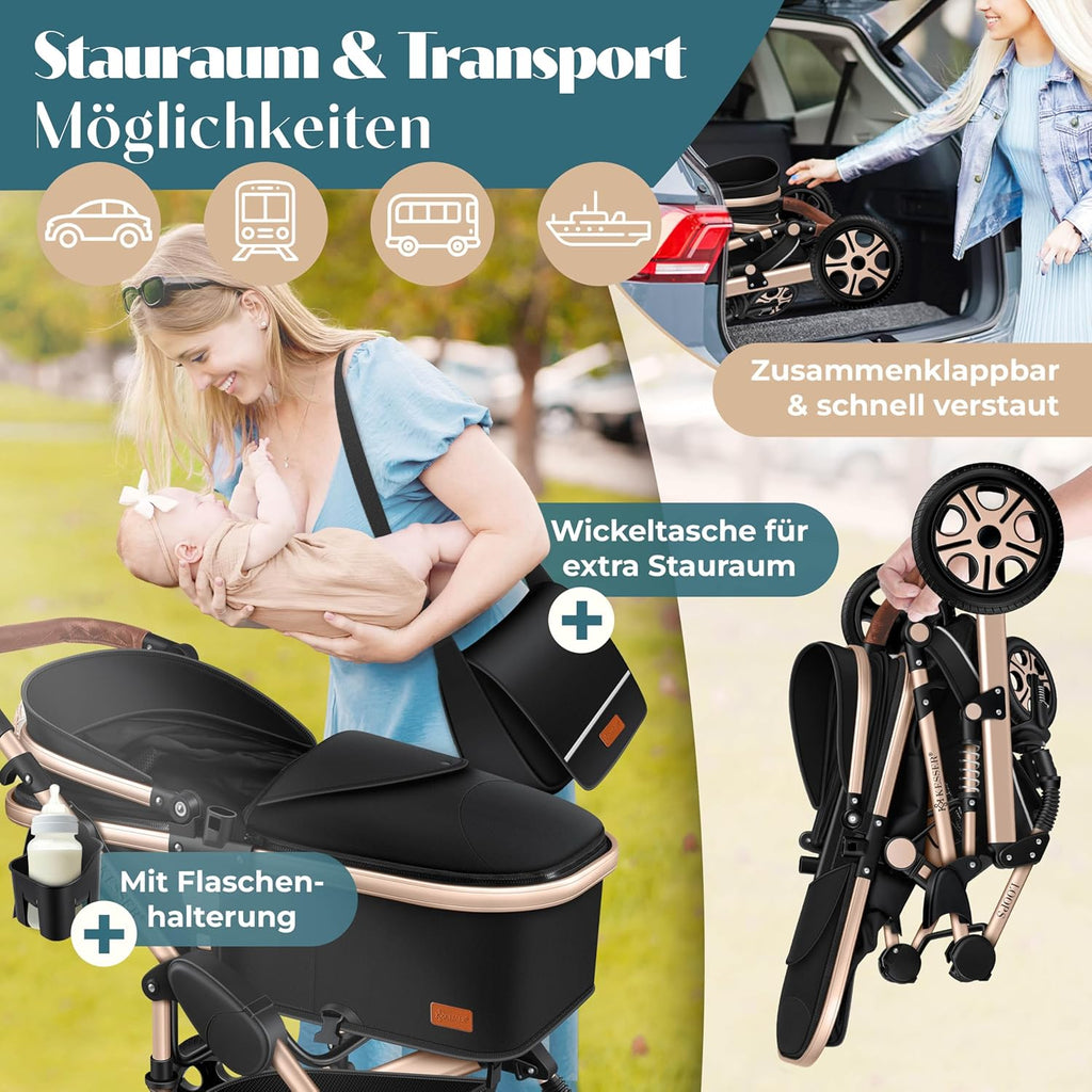 Kinderwagen 4 in 1 Kombi Set mit Babywanne Buggy und Autositz ECE R129 Aluminium Rahmen Luftreifen faltbar Schwarz Champagne