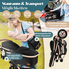Kinderwagen 4 in 1 Kombi Set mit Babywanne Buggy und Autositz ECE R129 Aluminium Rahmen Luftreifen faltbar Schwarz Champagne