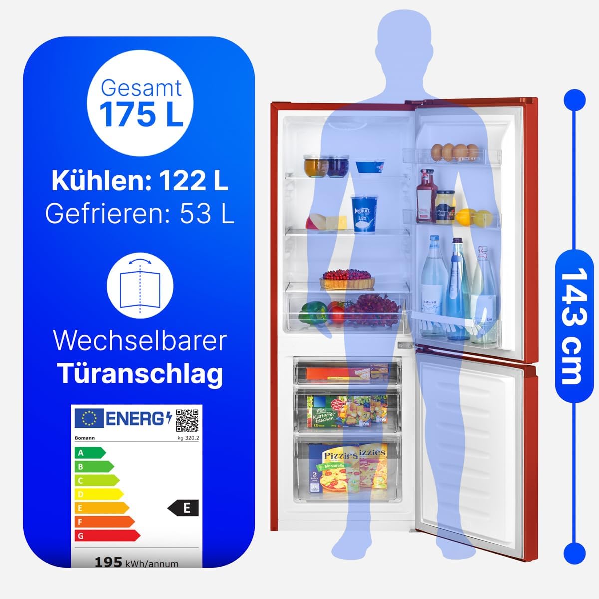 Kühl Gefrierkombination KG 320.2 175L Nutzinhalt 143 cm Höhe 39 dB Gefrierfach unten Türanschlag wechselbar Rot
