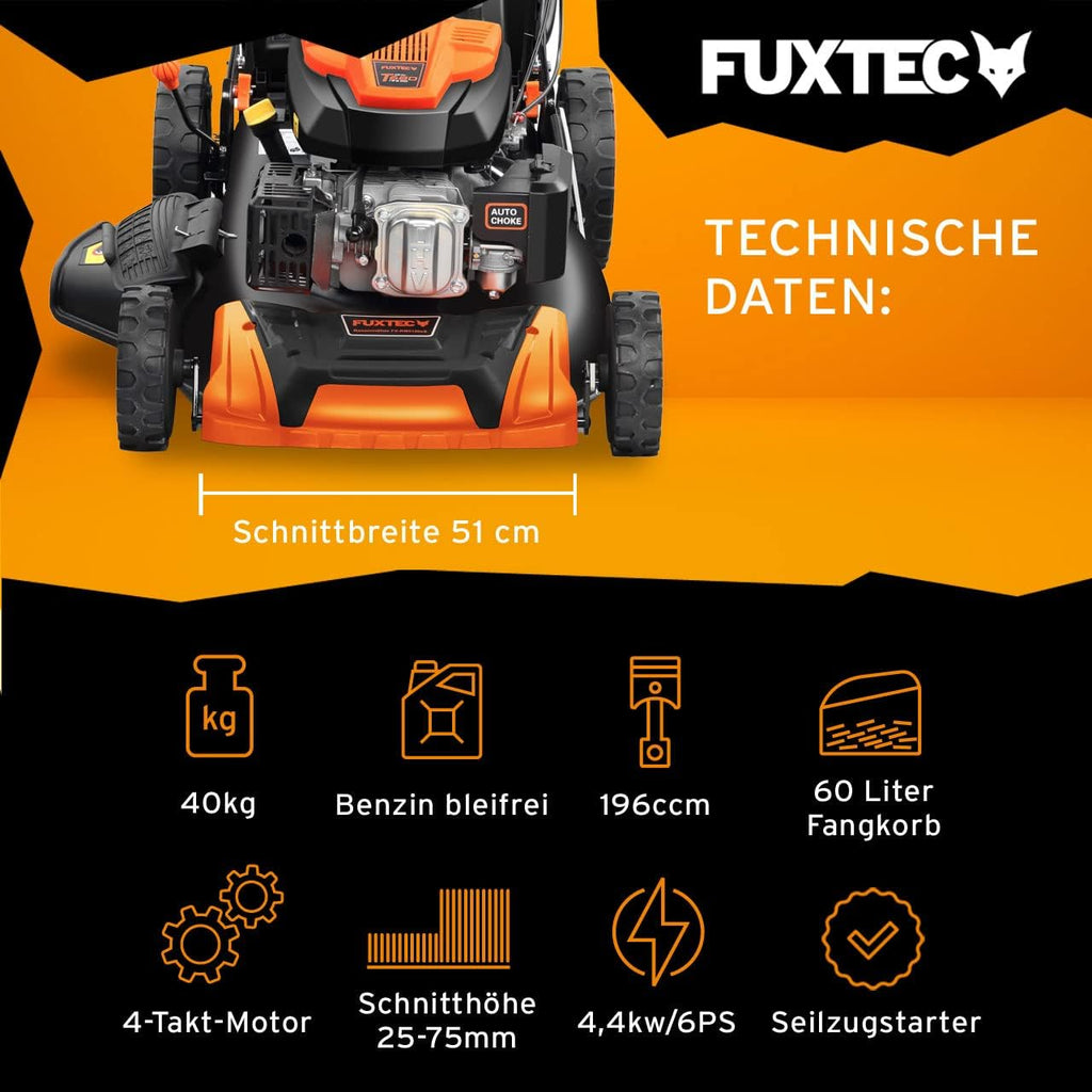 Benzin Rasenmäher FX-RM5196 196cc 4-Takt 51cm Schnittbreite 4in1 Mulchen Seitenauswurf 60L Fangkorb Radantrieb