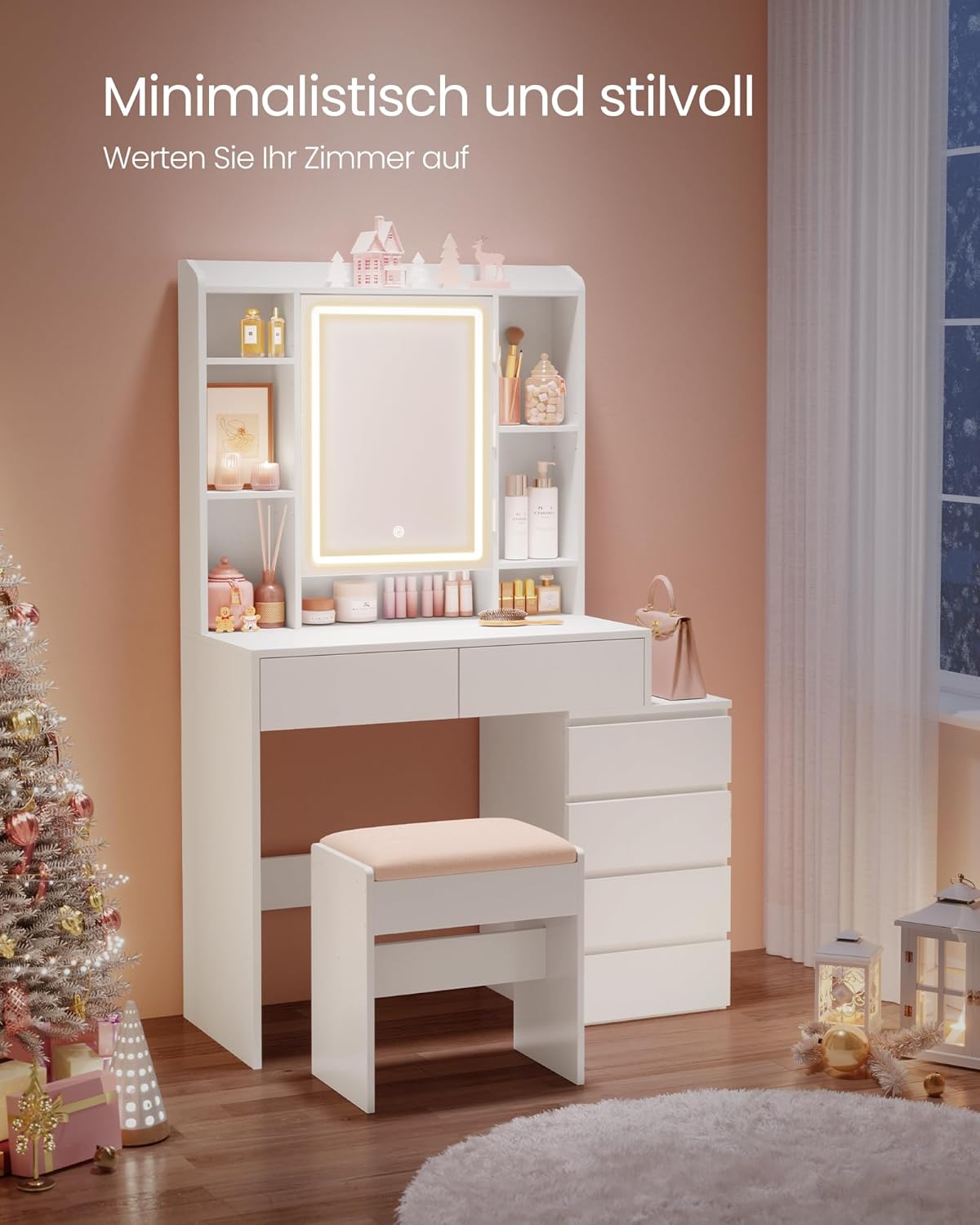 Schminktisch mit LED-Beleuchtung und Spiegel mit Hocker und Schubladen verstellbare Ablagen und offene Fächer RDT125W01