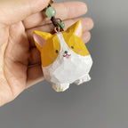 Handgeschnitzter Corgi Holz-Anhänger – handgewebter Schlüsselanhänger mit Kristallperlen