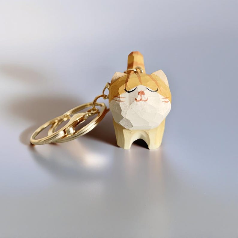 Handgefertigte geschnitzte Holzkatze Schlüsselanhänger, Autoschlüsselring, Handykette, Taschendekoration