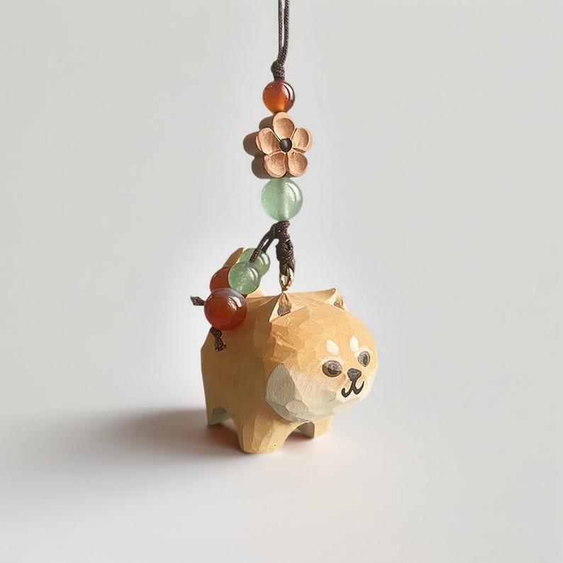 Handgeschnitzter Holz Shiba Inu Schlüsselanhänger mit Kristallperlen