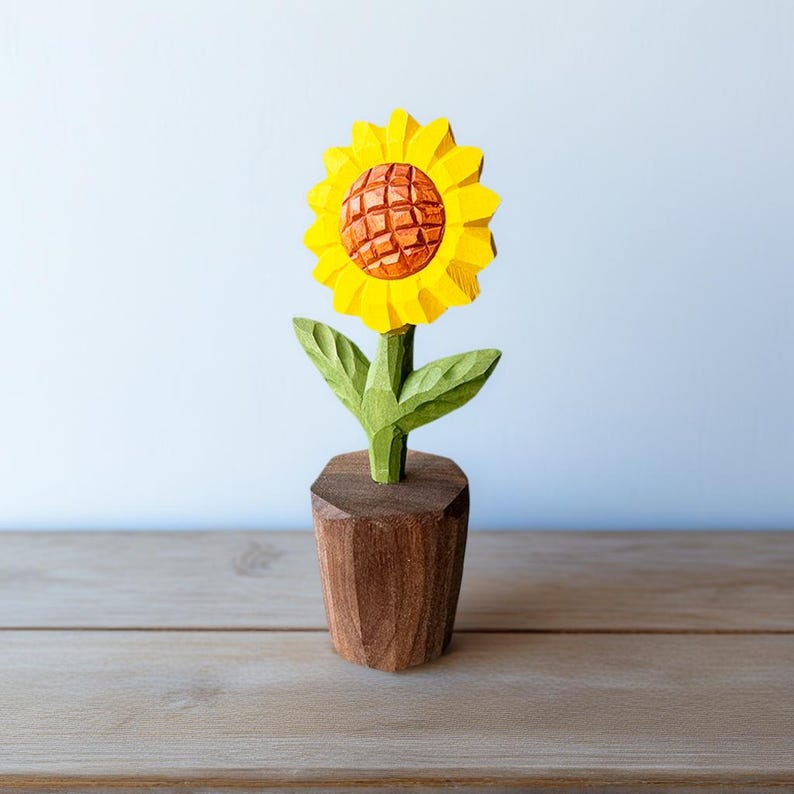 Handgeschnitzte hölzerne Blumen-Sonnenblumen-Dekoration, Tischdekoration, 14 cm, Linde, Nussbaum