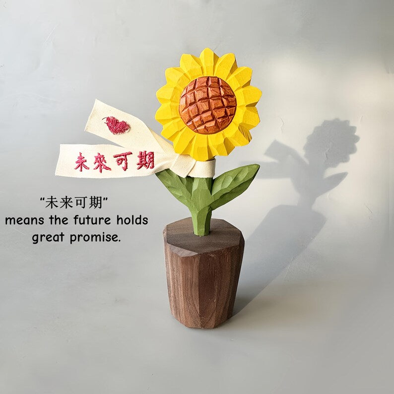 Handgeschnitzte hölzerne Blumen-Sonnenblumen-Dekoration, Tischdekoration, 14 cm, Linde, Nussbaum