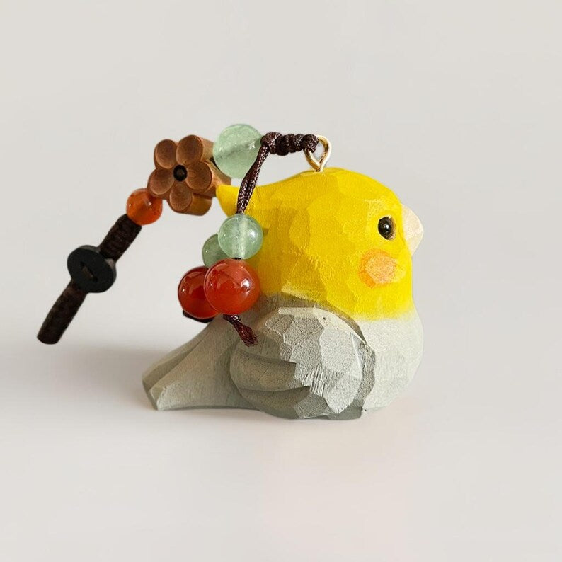 Handgeschnitzter hölzerner Papageien-Schlüsselanhänger, handgewebter Taschenanhänger, Glücksbringer, Autodekoration, Geschenk für Kinder und Erwachsene
