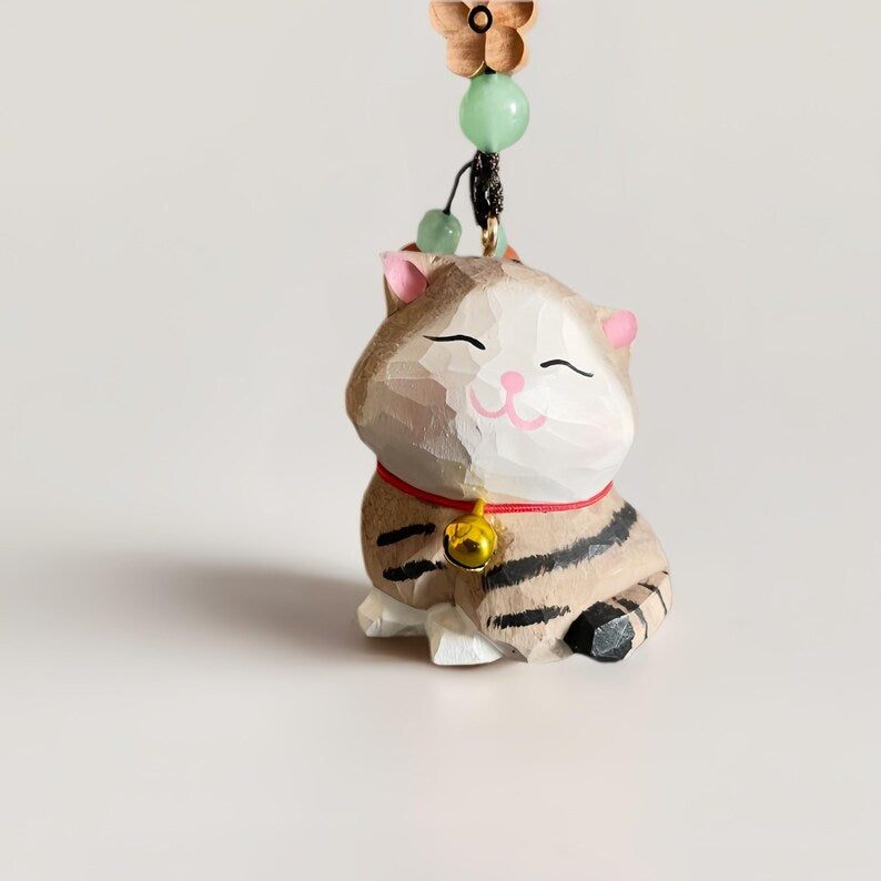 Handgefertigte geschnitzte Holzkatze Schlüsselanhänger, Kristallperlen, Auto Schlüsselring, Taschenanhänger, 45×33×37 mm