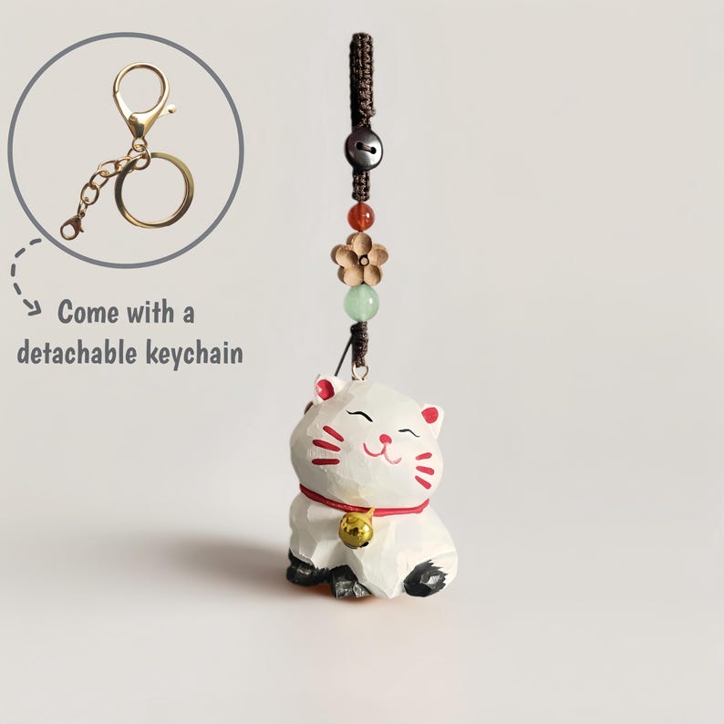 Handgeschnitzter Kawaii Holz weiße Katze Schlüsselanhänger aus Lindenholz mit Kristallperlen und Glöckchen