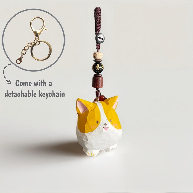 Handgeschnitzter Corgi Holz-Anhänger – handgewebter Schlüsselanhänger mit Kristallperlen
