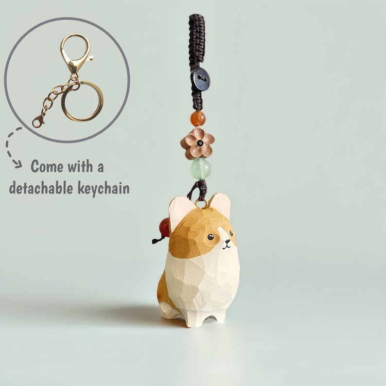 Handgeschnitzter Corgis-Schlüsselanhänger aus Holz, Kawaii-Autoanhänger, Hunde-Schlüsselanhänger, Holzfigur, Taschenanhänger, Geschenk für Hundeliebhaber