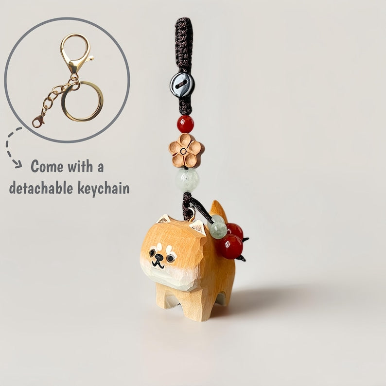 Handgeschnitzter Holz Shiba Inu Schlüsselanhänger mit Kristallperlen