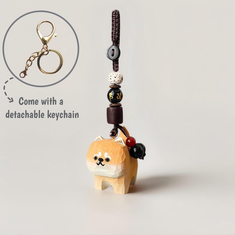 Handgeschnitzter Holz Shiba Inu Schlüsselanhänger mit Kristallperlen