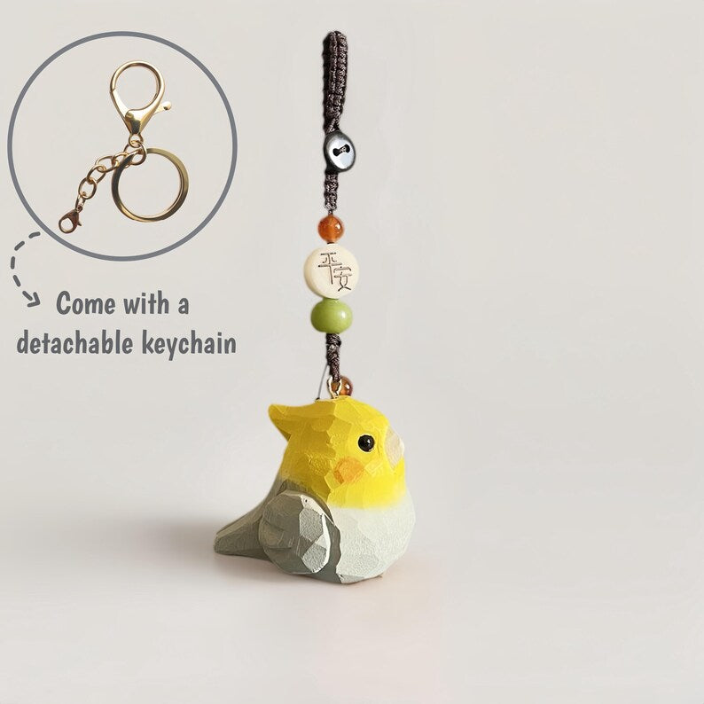 Handgeschnitzter hölzerner Papageien-Schlüsselanhänger, handgewebter Taschenanhänger, Glücksbringer, Autodekoration, Geschenk für Kinder und Erwachsene