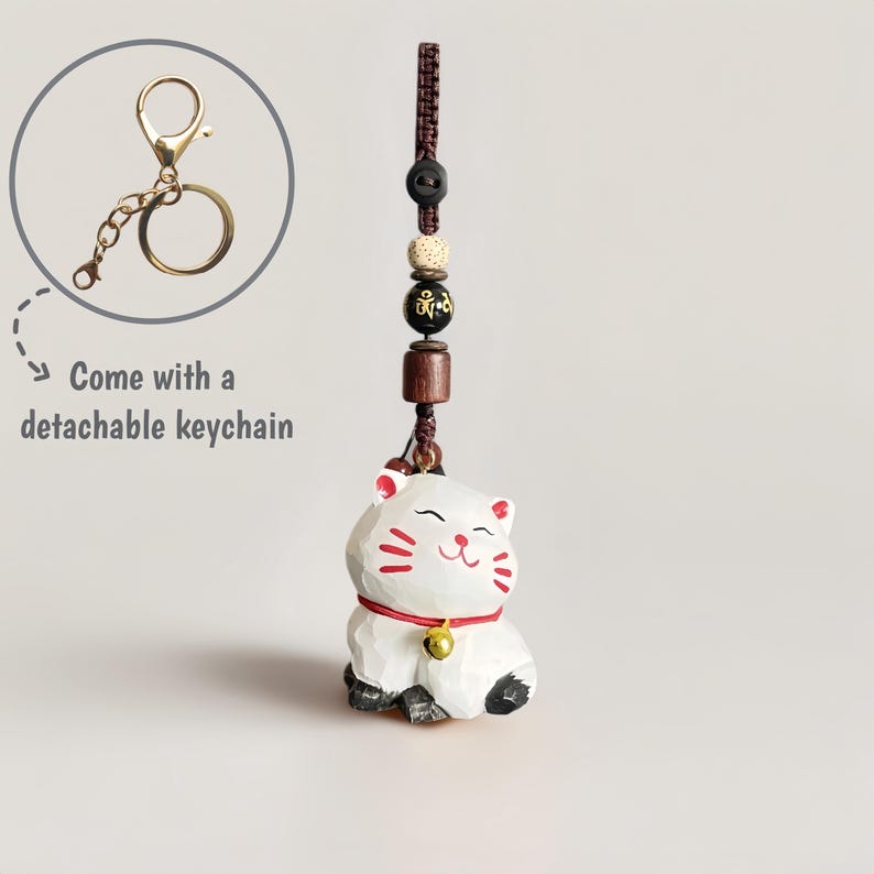 Handgeschnitzter Kawaii Holz weiße Katze Schlüsselanhänger aus Lindenholz mit Kristallperlen und Glöckchen