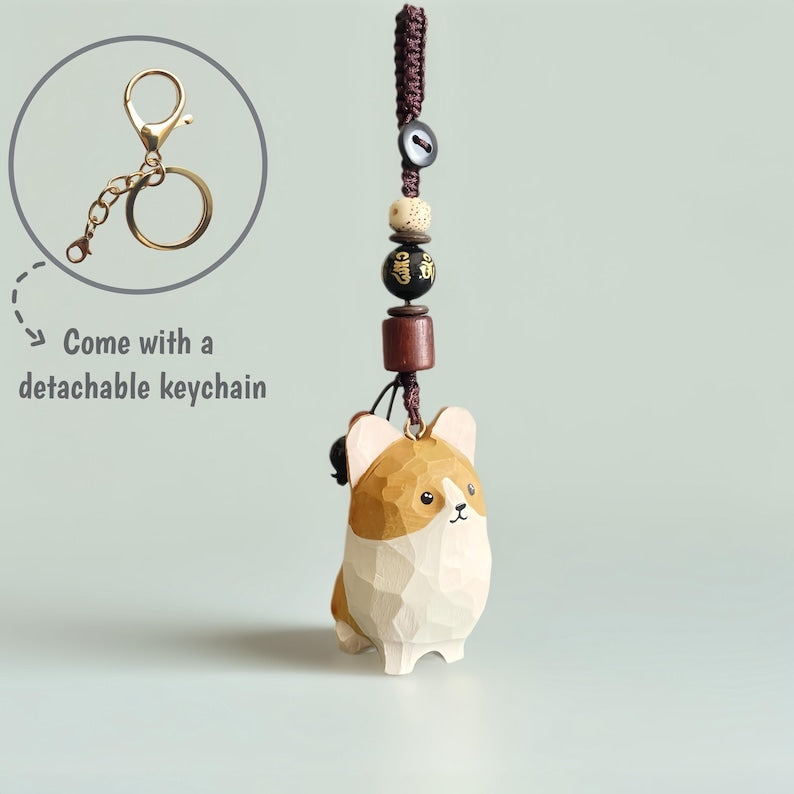 Handgeschnitzter Corgis-Schlüsselanhänger aus Holz, Kawaii-Autoanhänger, Hunde-Schlüsselanhänger, Holzfigur, Taschenanhänger, Geschenk für Hundeliebhaber