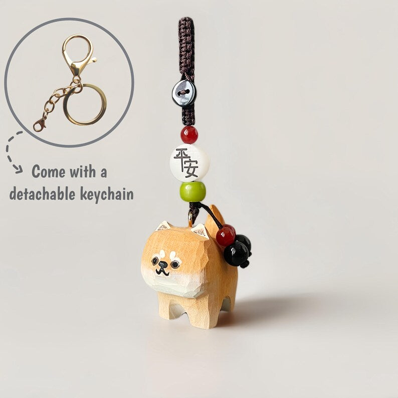 Handgeschnitzter Holz Shiba Inu Schlüsselanhänger mit Kristallperlen
