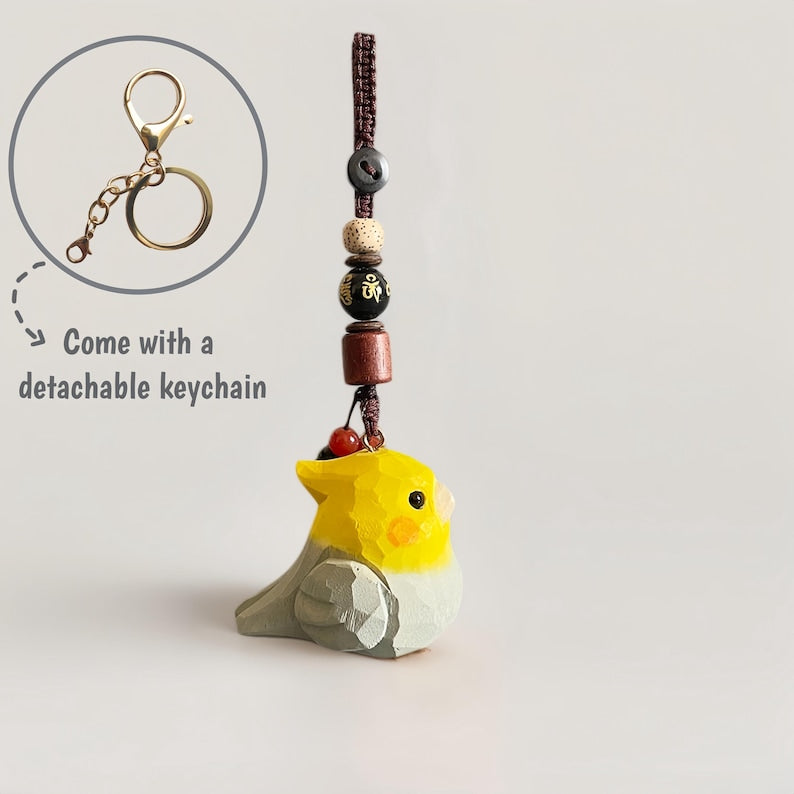 Handgeschnitzter hölzerner Papageien-Schlüsselanhänger, handgewebter Taschenanhänger, Glücksbringer, Autodekoration, Geschenk für Kinder und Erwachsene