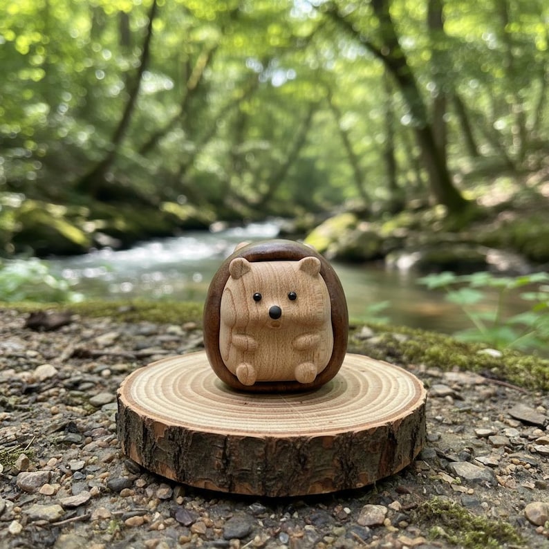 Handgeschnitzter Igel Sorgenstein aus Buchen- und Walnussholz, Zen Schreibtischfigur, Waldtier, 5,1 x 5 x 4,2 cm