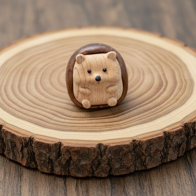 Handgeschnitzter Igel Sorgenstein aus Buchen- und Walnussholz, Zen Schreibtischfigur, Waldtier, 5,1 x 5 x 4,2 cm