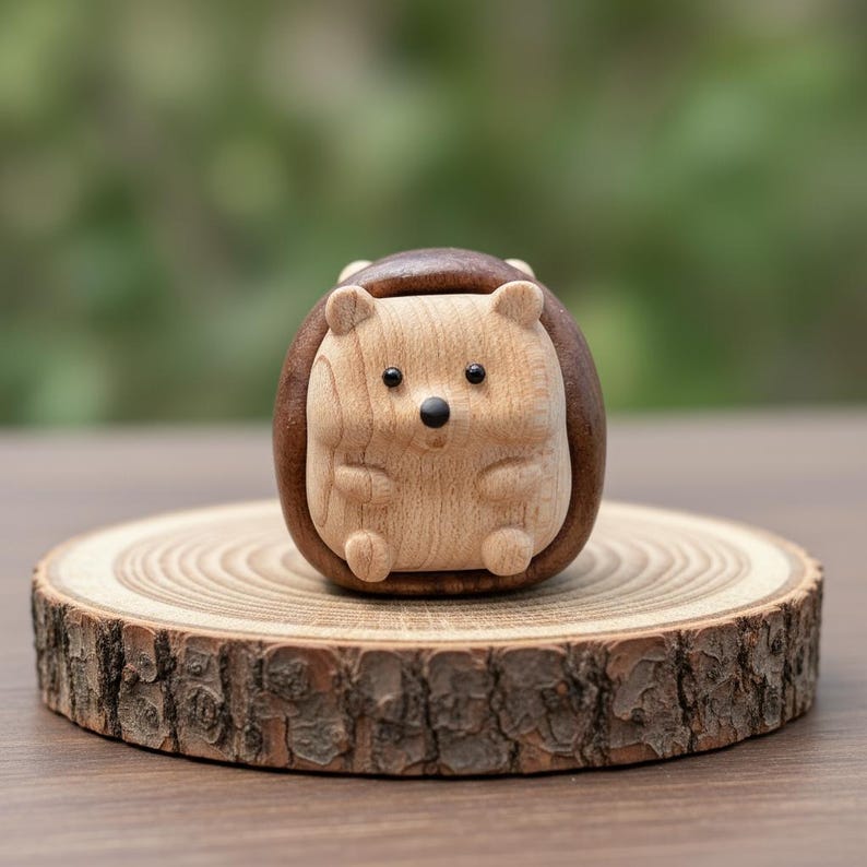Handgeschnitzter Igel Sorgenstein aus Buchen- und Walnussholz, Zen Schreibtischfigur, Waldtier, 5,1 x 5 x 4,2 cm