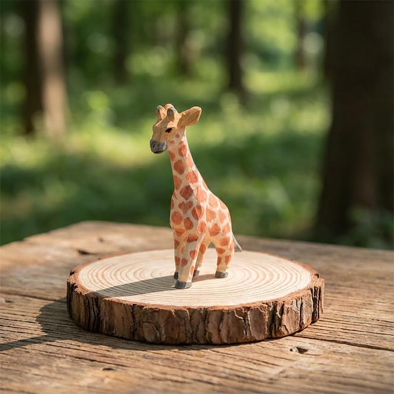 Handbemalte Holz Giraffe Mama und Kalb Geschenk-Set, 15 cm und 12,2 cm, natürliche Massivholz Figuren, Safari Dekoration