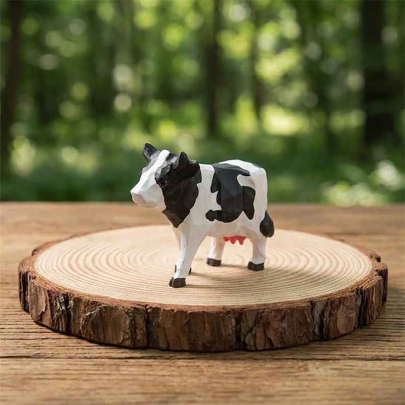 Miniatur-Bauernhof Holzschnitzerei Kuh, schwarz-weiße Rinderstatue, handgefertigte rustikale Wohnkultur, Lindenholz