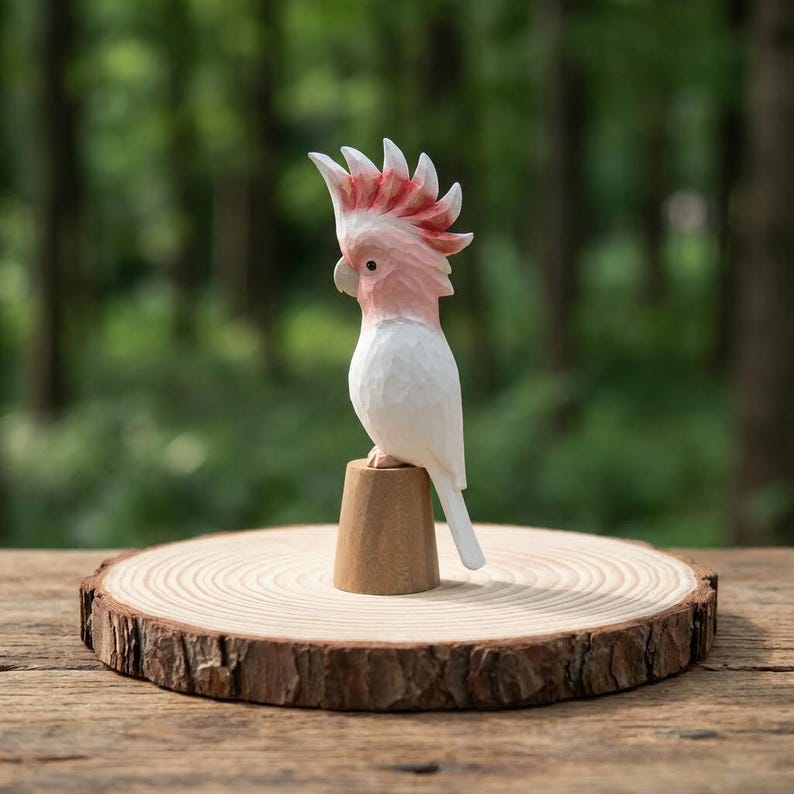 Handgeschnitzte Holzkakadufigur – Rosa Vogelstatue aus Holz für Schreibtischdekoration
