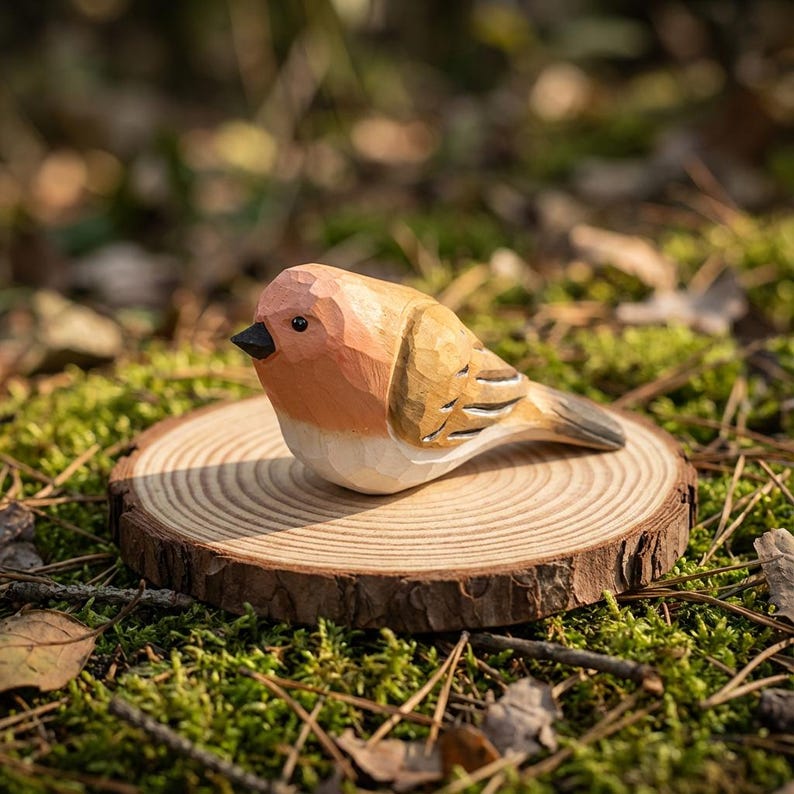 Handgeschnitzte Holz Rotkehlchen Statue, handbemalte Waldvogel Figur, Cottagecore Waldkreatur, 11 cm, Linde