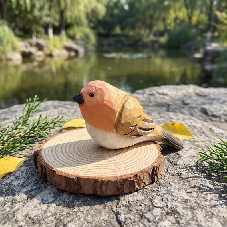Handgeschnitzte Holz Rotkehlchen Statue, handbemalte Waldvogel Figur, Cottagecore Waldkreatur, 11 cm, Linde