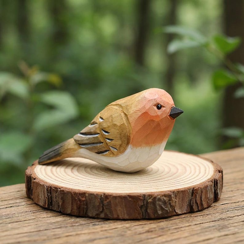 Handgeschnitzte Holz Rotkehlchen Statue, handbemalte Waldvogel Figur, Cottagecore Waldkreatur, 11 cm, Linde