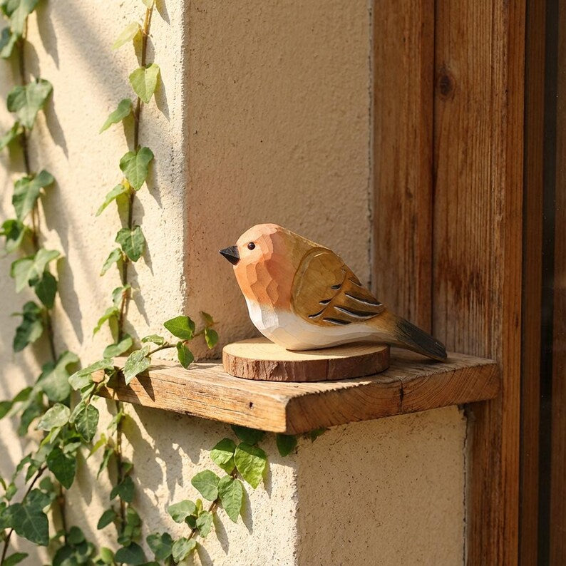 Handgeschnitzte Holz Rotkehlchen Statue, handbemalte Waldvogel Figur, Cottagecore Waldkreatur, 11 cm, Linde