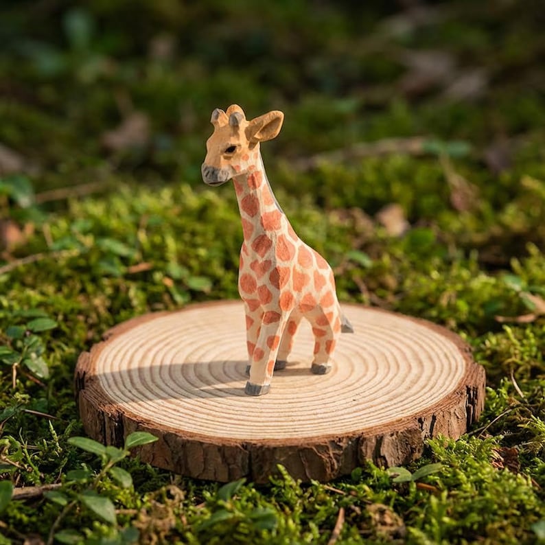 Handbemalte Holz Giraffe Mama und Kalb Geschenk-Set, 15 cm und 12,2 cm, natürliche Massivholz Figuren, Safari Dekoration