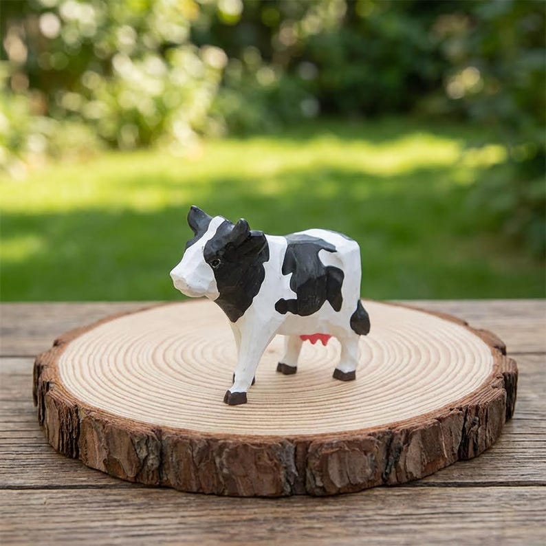Miniatur-Bauernhof Holzschnitzerei Kuh, schwarz-weiße Rinderstatue, handgefertigte rustikale Wohnkultur, Lindenholz