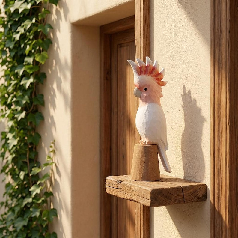 Handgeschnitzte Holzkakadufigur – Rosa Vogelstatue aus Holz für Schreibtischdekoration