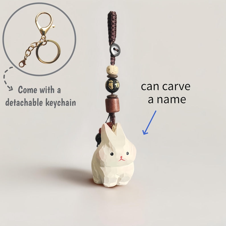 Handgeschnitzter hölzerner Kaninchen Schlüsselbund mit personalisiertem Namen, handgefertigter Taschenanhänger, Telefonkette, Auto-Charm, Geschenk